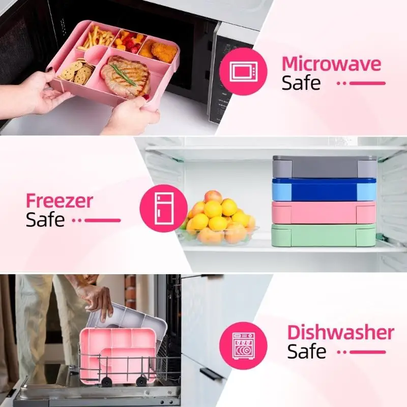 

652F Microwave Safe Compartment Lunch Box for Kids Students Leak Proof Plastic Bentos Container with Divider for School Office