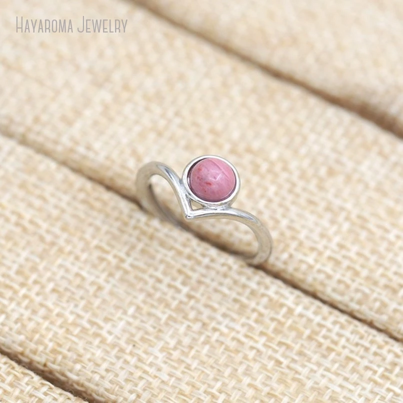 

10Pcs Round Coin Shape Circle Silver Color Wholesale Semi-precious Stone Rhodonite Ring RM51215