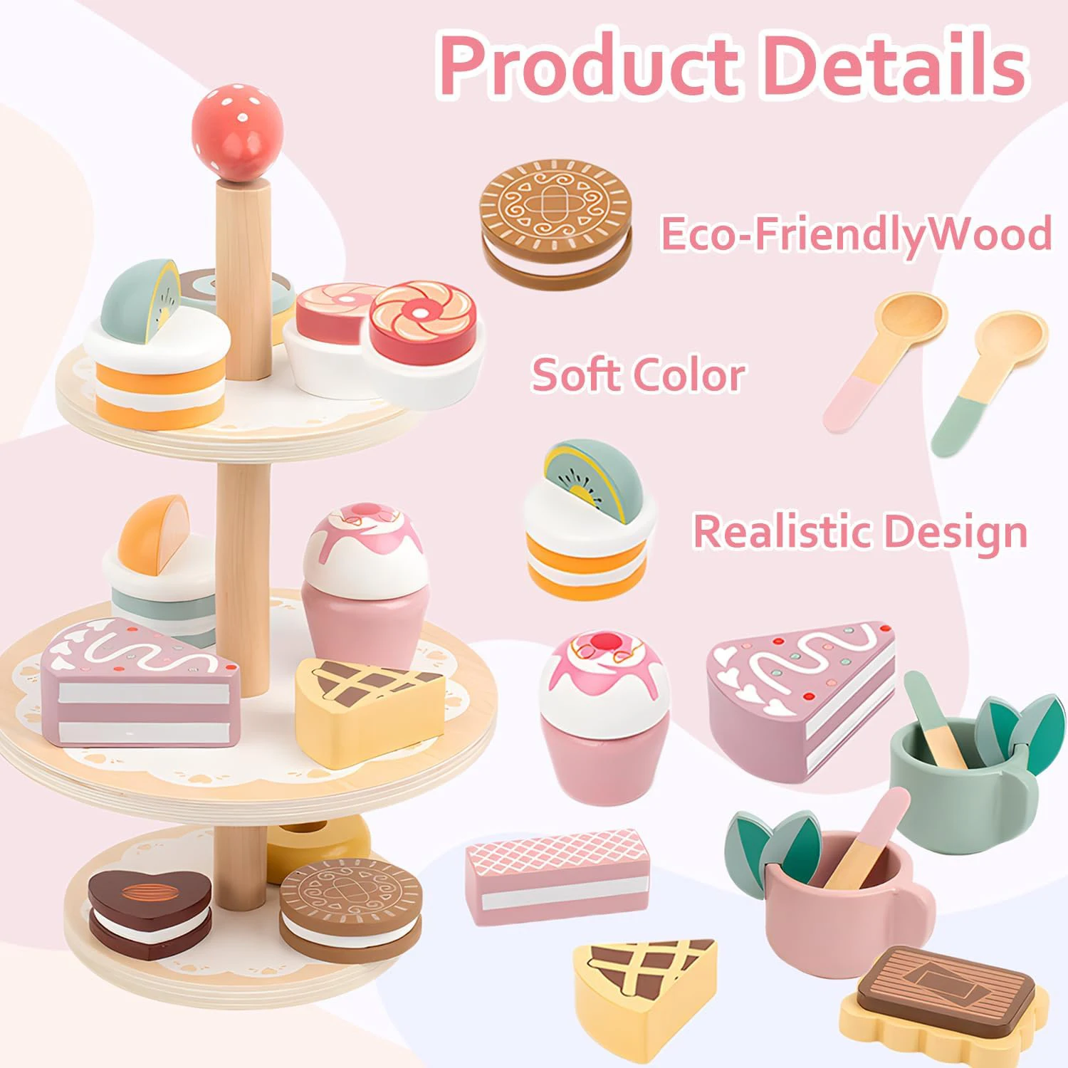 ชุดน้ำชาพร้อมขาตั้งขนมหวาน ของเล่นไม้ ชุดของเล่นทำอาหารเสมือนจริง อุปกรณ์ครัวสำหรับเด็กเล็ก ชุดน้ำชา ของขวัญวันเกิด