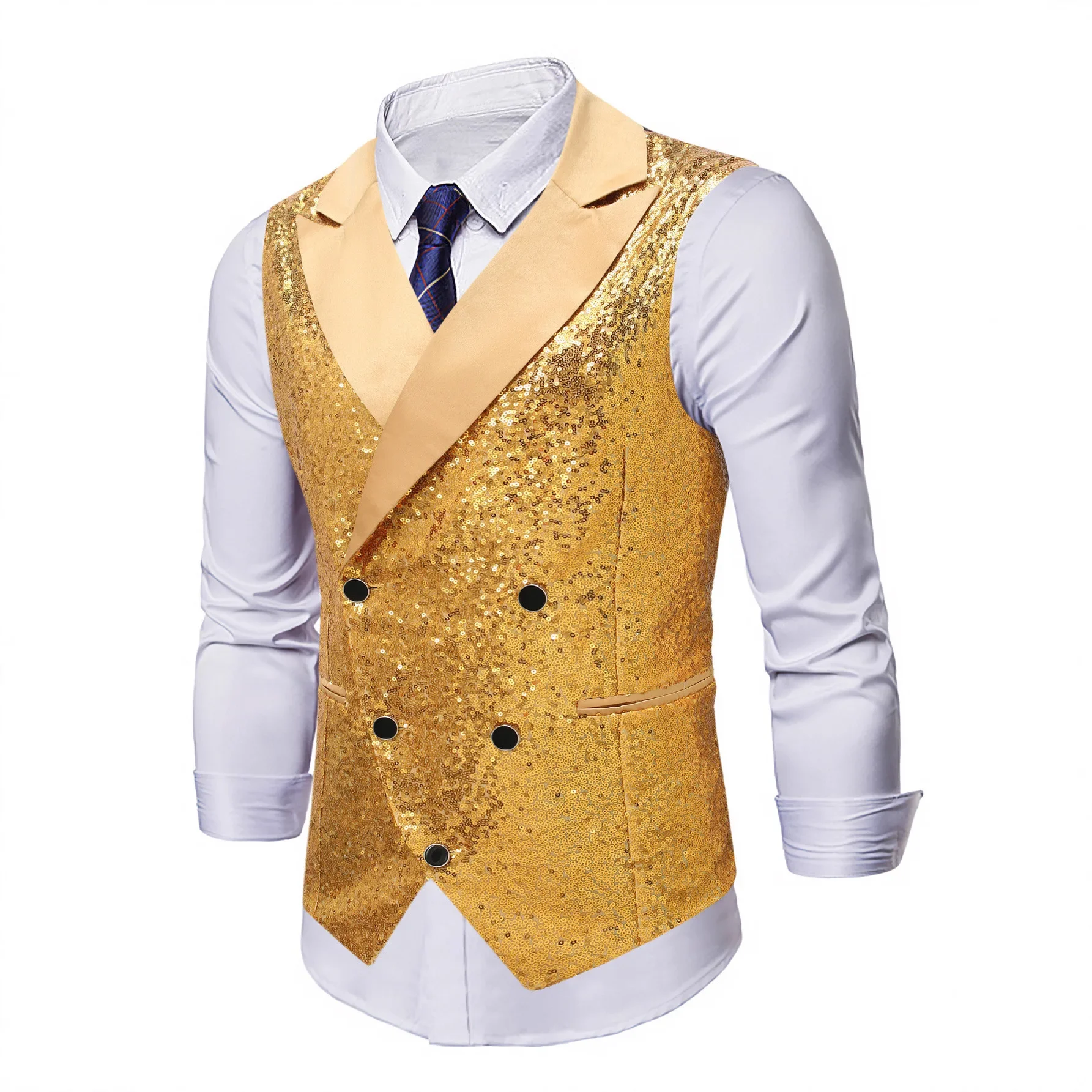 Men New Gold Sequin Suit Vest Double Breasted Satin Lapel Stage Performance Costume Nightclub Host Fashion Waistcoat