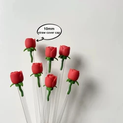 Cute Rose Straw Covers Cap For Stanley Tumbler Cups Kawaii Hearts Silicone Straw Toppers Dust-Proof Protector Cap For 10mm Straw