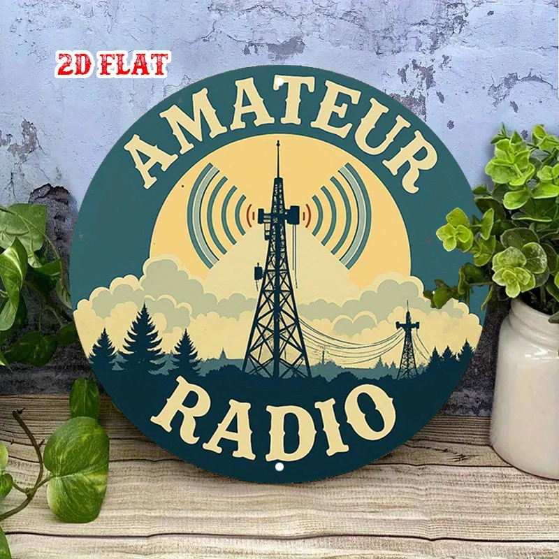 قطعة واحدة من ديكور الحائط لراديو الهواة العتيق - لافتة محطة راديو هام الرجعية مع برج وهوائي ونص راديو AMATEUR - أزرق مخضر وبني Retr