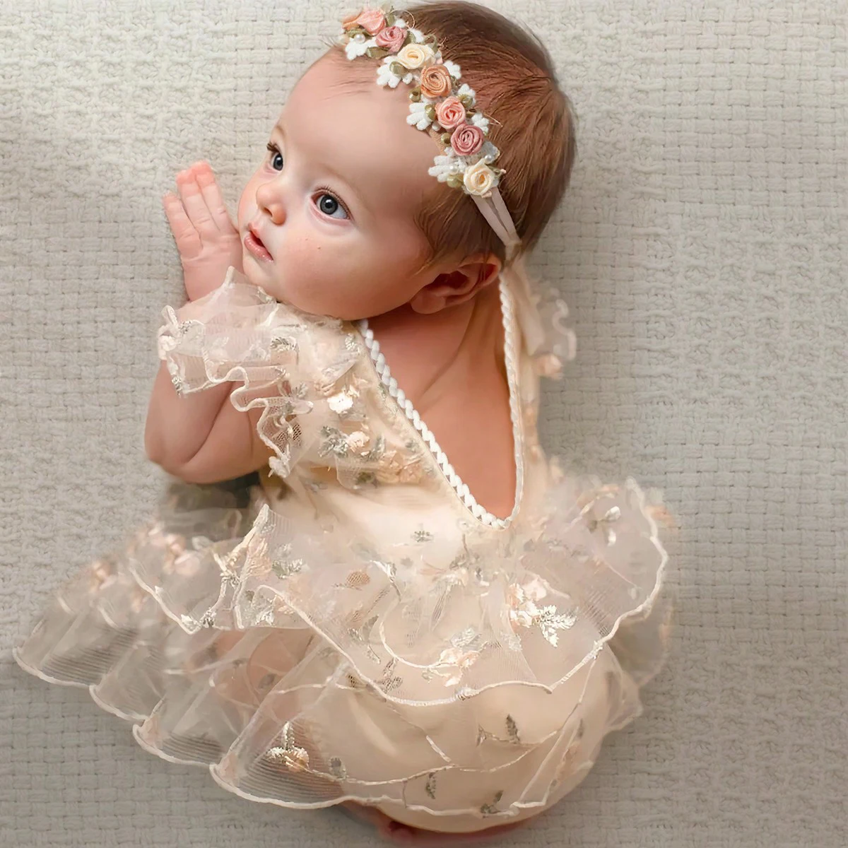 Ylsteed Newborn Daisy Embroidered Romper Baby's Short Sleeve Embroidered Mesh Clothes Full Moon Hundred Days Photo Shooting