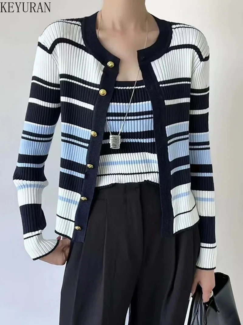 

2025 Autumn Long Sleeve Striped Knitted Cardigan Sweater + Slim Fit Vest Tops Two Piece Sets Women Korean Versatile Fashion Suit