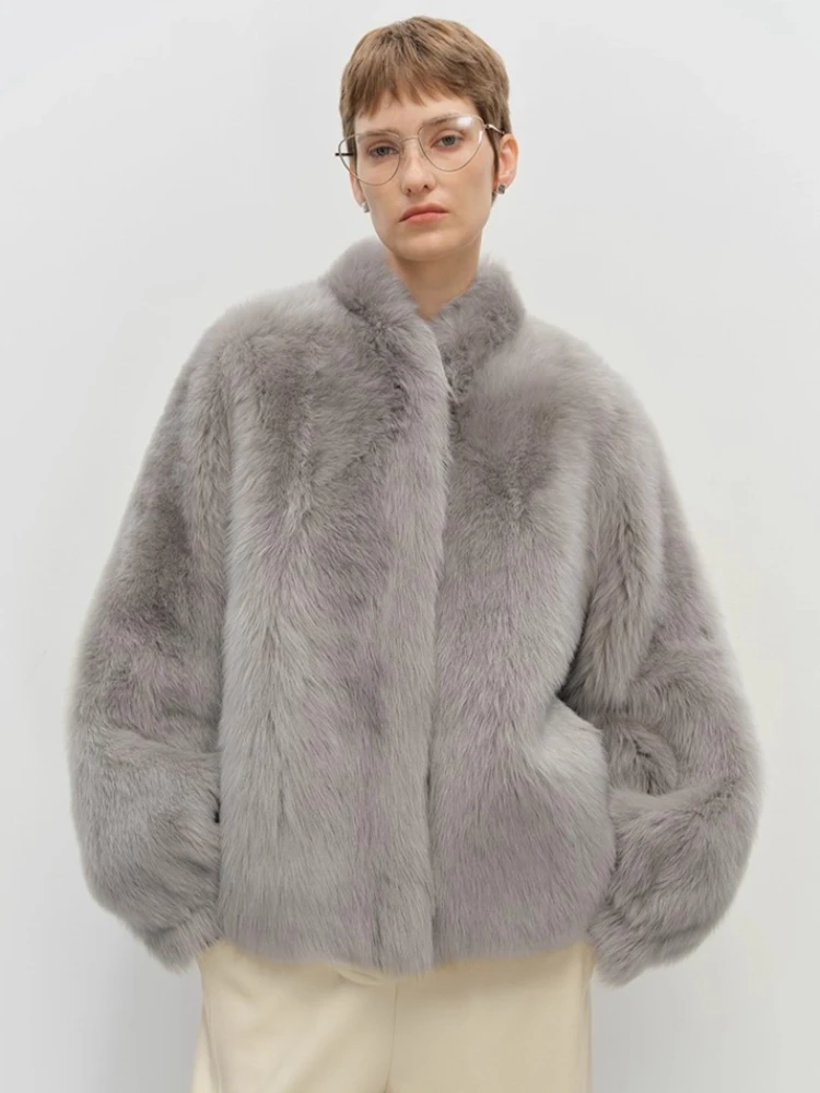 

High-end Luxury Toscana Lamb Fur Shearling Jacket for Women Simple Stand Collar Loose Short Winter Genuine Leather Real Fur Coat