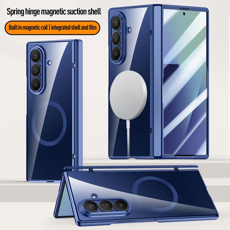 

Electroplate Clear Case For Samsung Galaxy Z Fold 7 Fold7 5G Magnetic Folding Spring Hinge Protective Cover With Tempered Glass