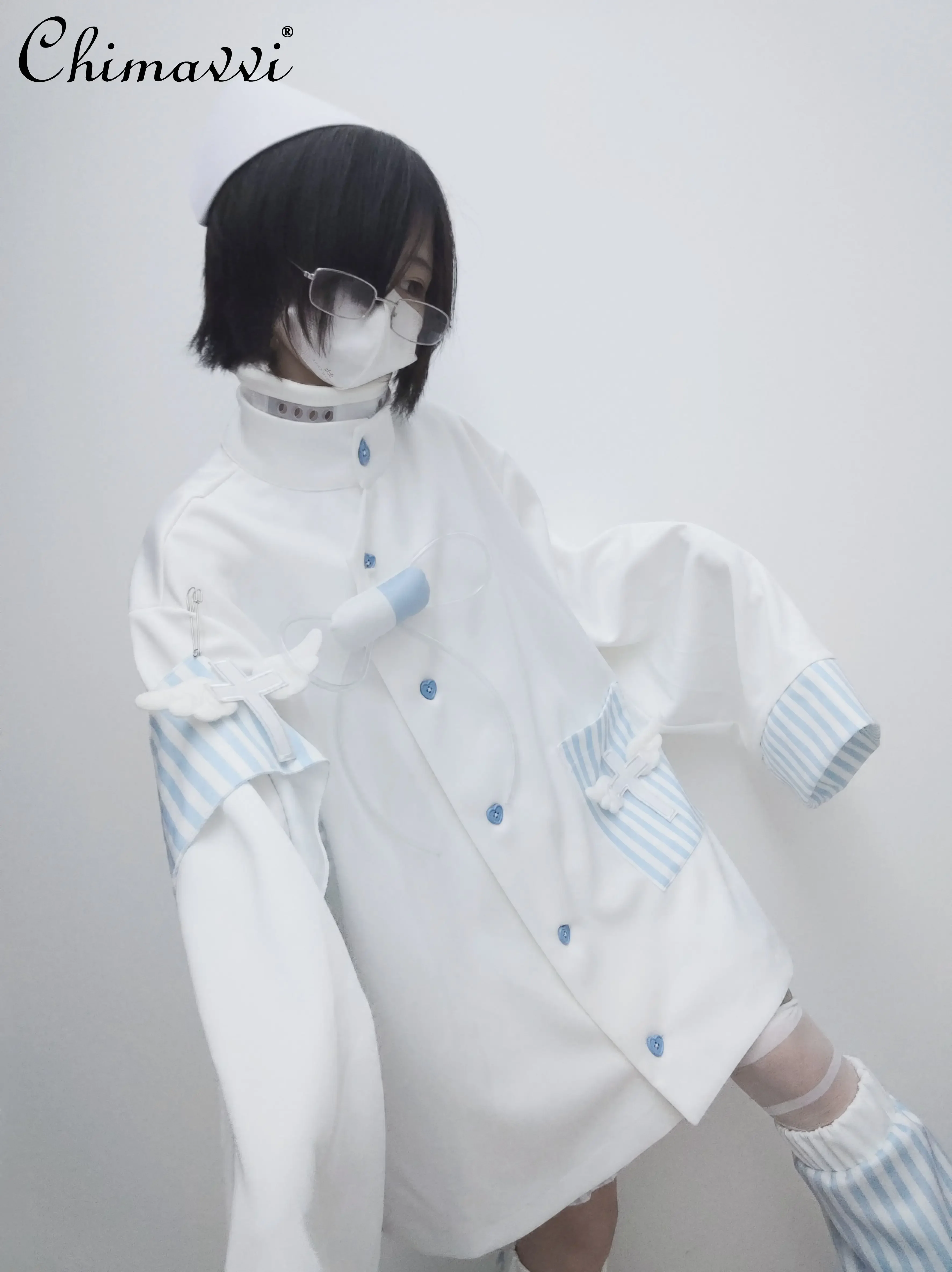 Original Mass-Produced Water Color Loose Coat Apron Girls Y2K Asian Culture Cute Medical Angel Wings Shorts Women's Set Outfits