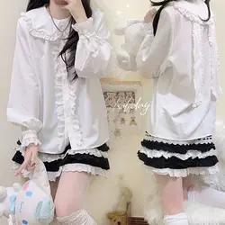 QWEEK Kawaii Shirts Harajuku Women's Blouses Japanese Lolita Style Bunny Ears Lace Sweet Soft Girl  White Loose Long Sleeve Tops