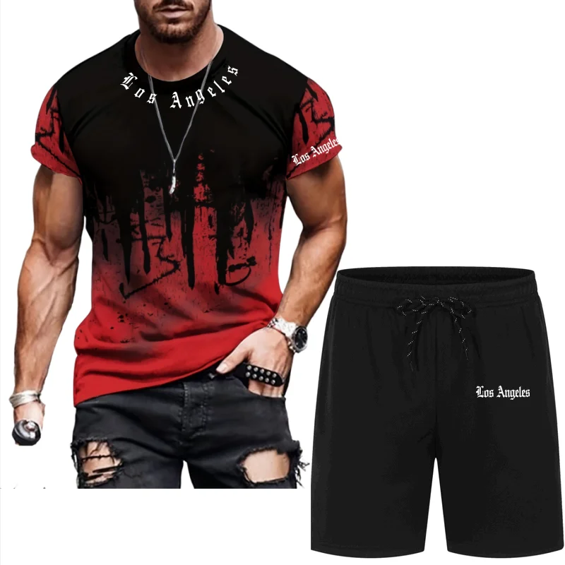 Mode sport à manches courtes Shorts décontractés deux pièces rue quotidien Harajuku hommes costume été nouveau Los Angeles lettre impression costume