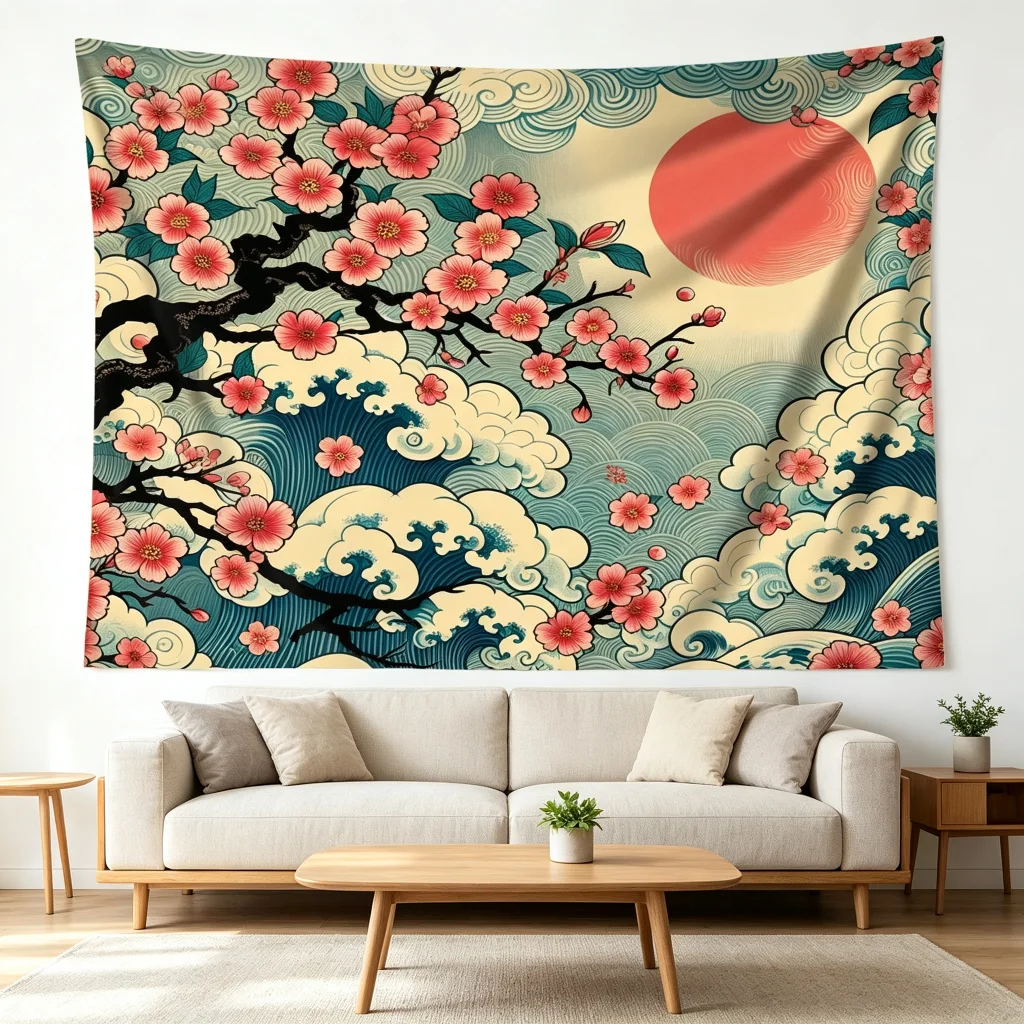 1PC Cherry Blossom Sunrise Print Backdrop Banner, Bedroom Photo Background, Polyester Wall Hanging, Home Decor, Wall Art