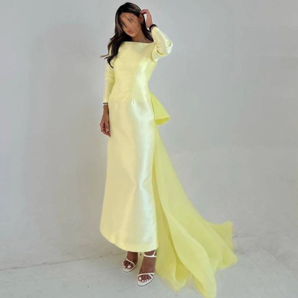 

Customized Simple Yellow Pleat O-neck Backless Satin Evening Dresses Straight Ankle Length Sweep Train Pageant Gown