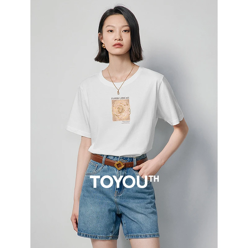 

TOYOUTH Women T-shirt 2024 Summer New Pure Cotton Slim Waist Floral Printed Versatile Tops