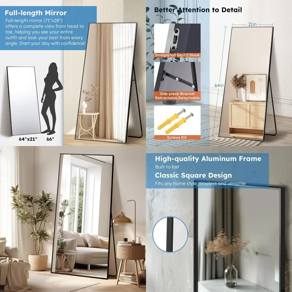 

64x21 Wall-Mounted or Leaning Full-Length Mirror, Ideal for Bedrooms and Living Rooms, Black Frame