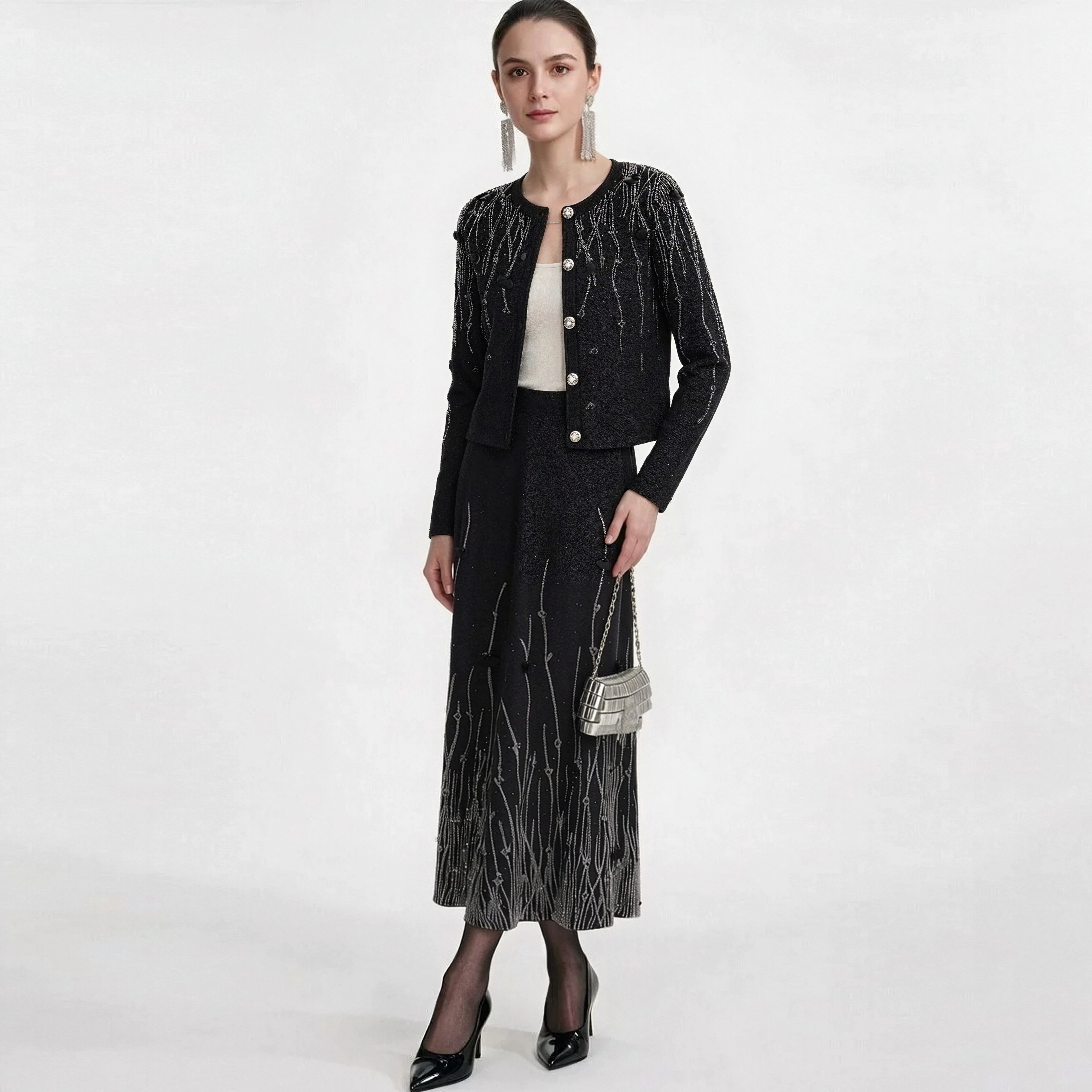 High Quality Women Knit 2-Piece Outfit, Floral Petal Decor Rhinestone Button Cropped Cardigan + High Waist A-Line Midi Skirt