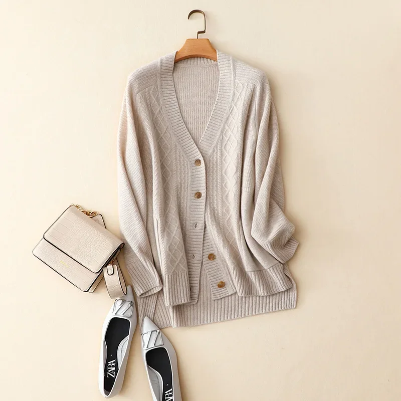 winter new styles loose fashion argyle v neck outerwear high quality 100% cashmere cardigan coat