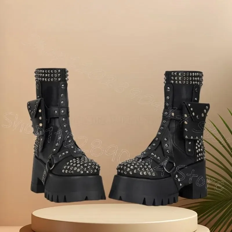 

Metal Rivets Black Pockets Belt Fastener Boots Side Zipper Women Shoes Chunky Heels Sexy Party Banquet 2025 Zapatos Para Mujere