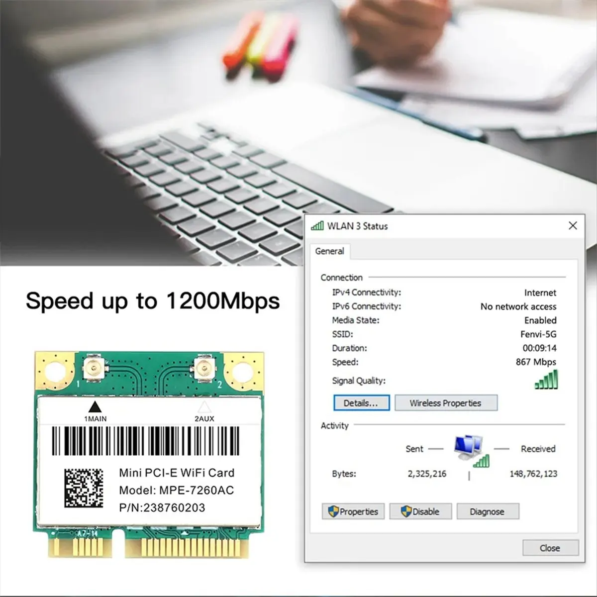 Tarjeta WiFi A43M 1200Mbps MPE-7260AC Mini PCI-E de Doble Banda 2.4G/5Ghz 802.11AC BT 4.0 Wlan Inalámbrica para Laptop con Windows 10/11