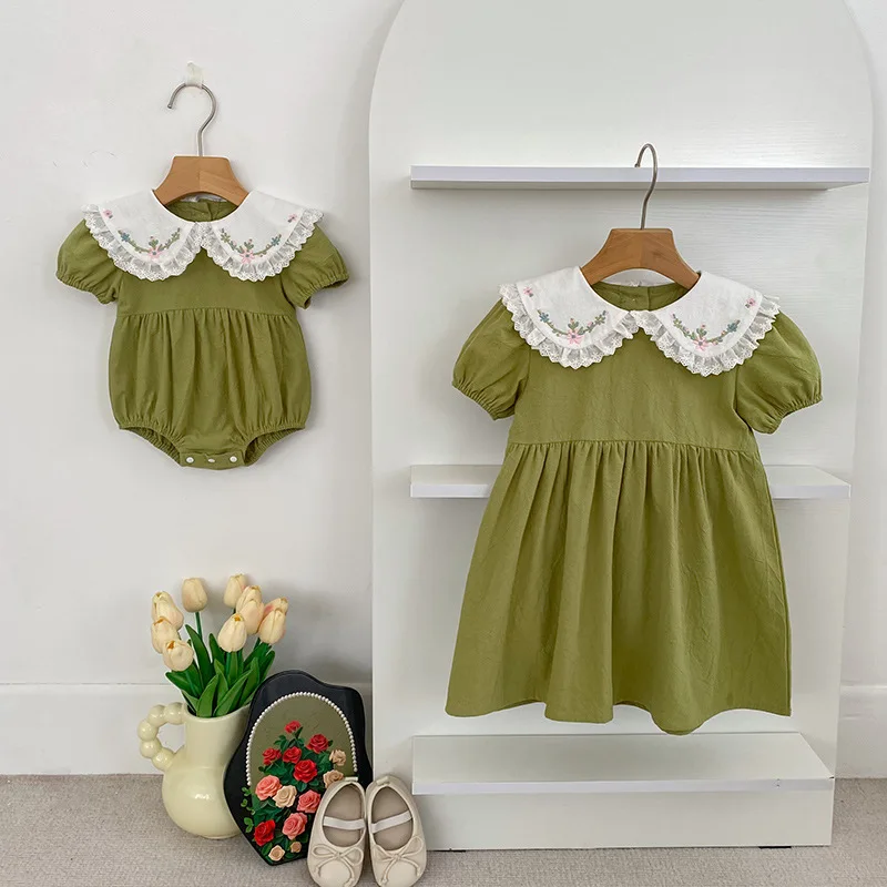 

Toddler Girls Grid Embroidery Dresses Summer Baby Romper Infant Children Cotton Short Sleeve Dresses Nnewborn One-piece Romper