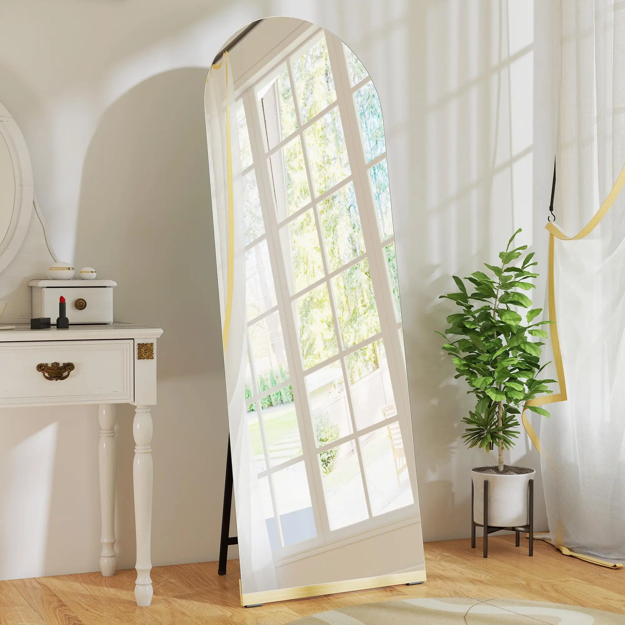 Miroir 160x50 cm, miroir de corps sans cadre, design incurvé avec pied en bois, argent et noir