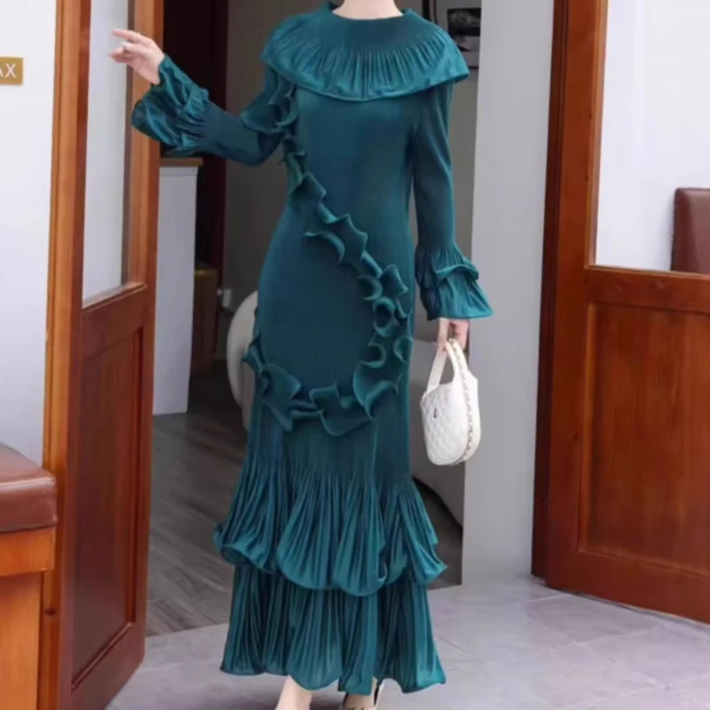 ANLAN Vintage Ruffle Pleated Dress Women's High Neck Long Sleeve Mustard Yellow Tiered Frill Dresses 2026 Summer New 8AN3505