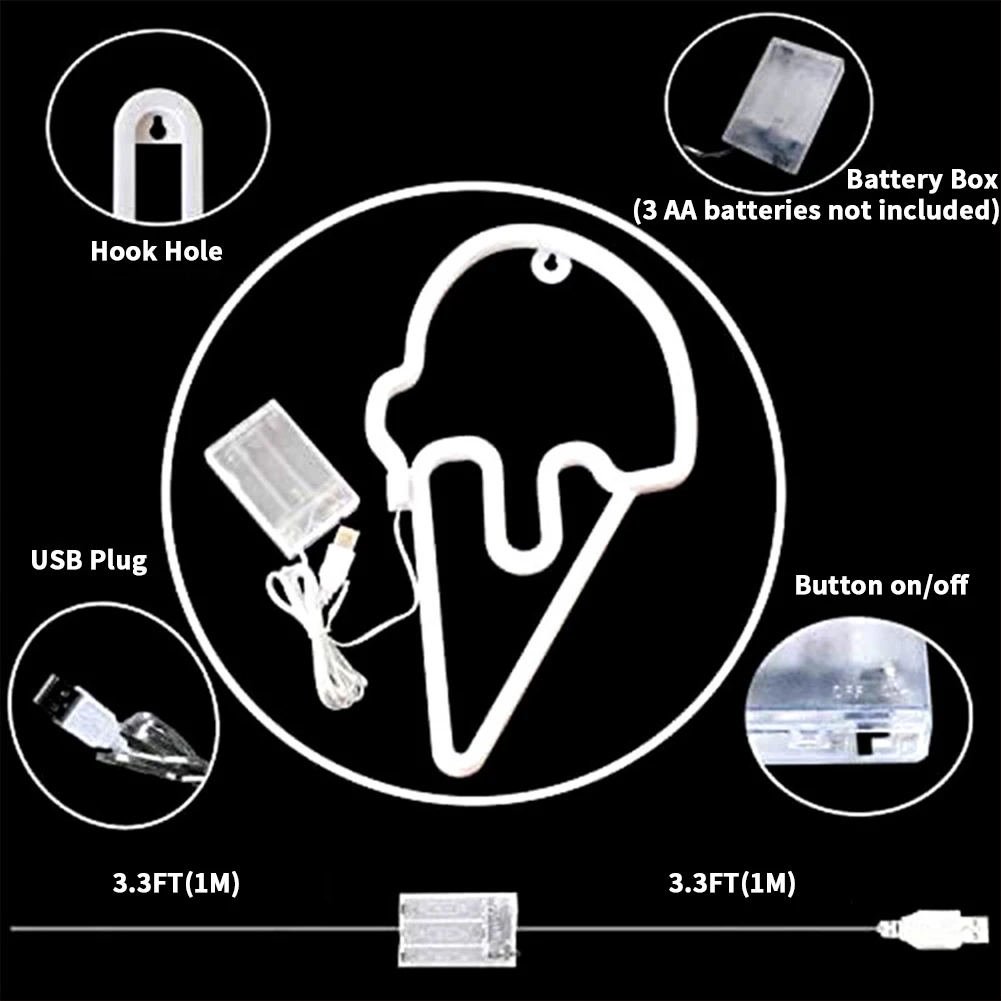 Ice Cream Neon Sign LED Light Battery Or USB Powered Hanging Neon Light Up Signs For Bedroom Pub Bar Decorations