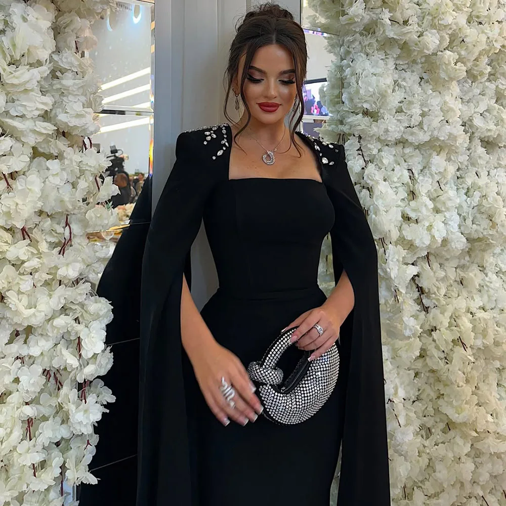 Luxury Black Dubai Abraic Evening Dress with Long Cape Sleeves for Women 2025 Beads Formal Prom Wedding Party Gowns Customize