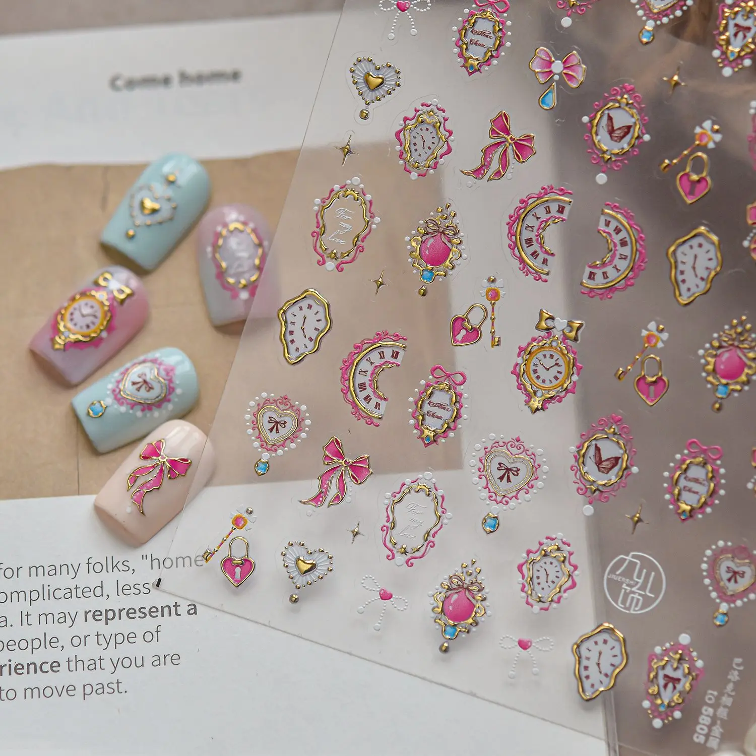 5D Lolita Retro Bow Clock Butterfly Nail Stickers Love Heart Photo Frame Gem Pendant Moon Vintage Self-adhesive Nail Art Decals