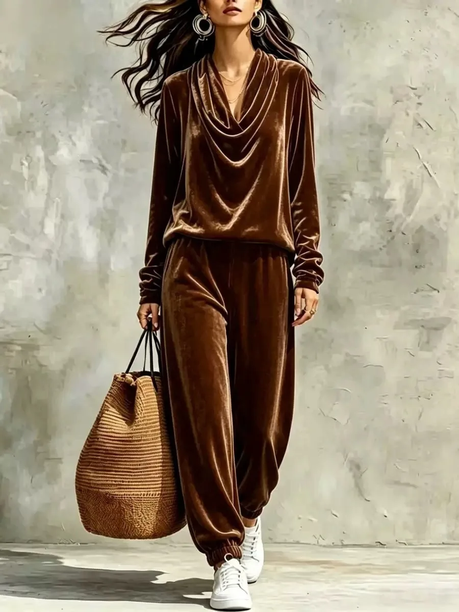 Women Velvet 2 Piece Outfit Cowl Neck Long Sleeve Top & Jogger Pants Co Ord Set