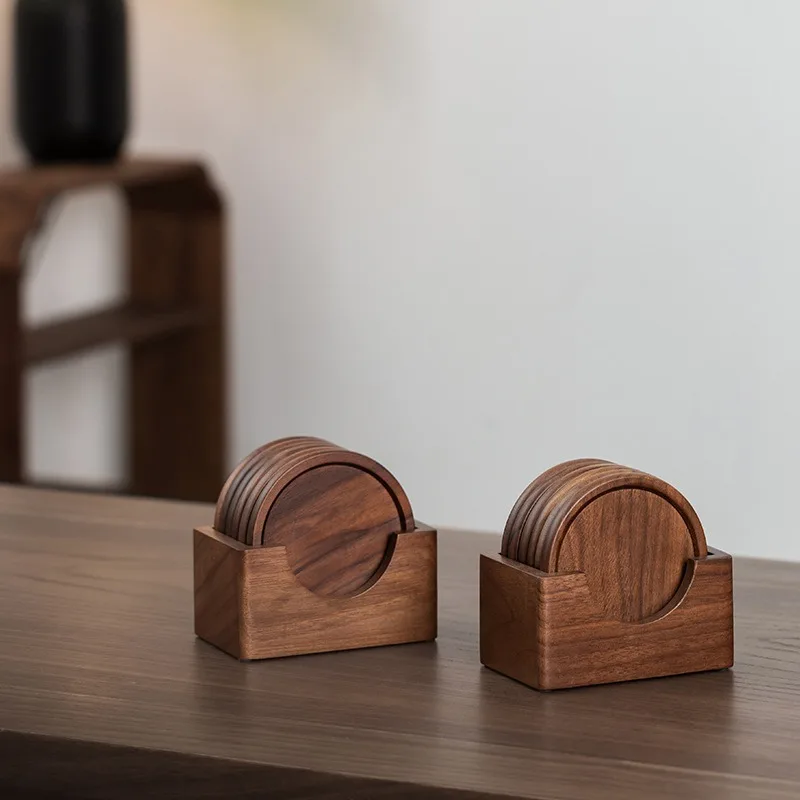 Walnut Wood Coasters w/ Holder - Round for Tea Ceremonies & Coffee, Stackable, Ideal Housewarming/Birthday Gift