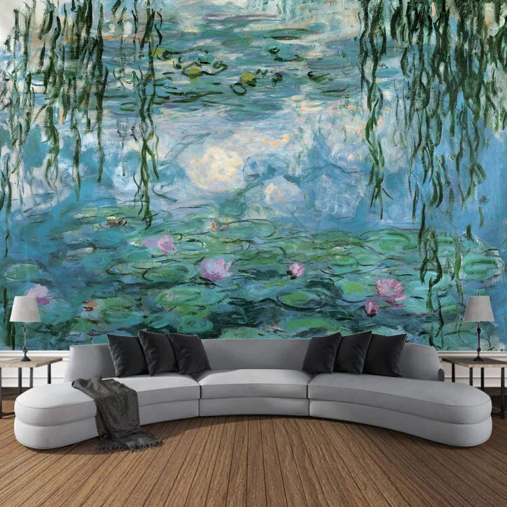 Tapestry Water Lilies By Claude Monet Oil Paintings Flowers Wall Hanging Art Home Decor Polyester Tapestry for Living Room Bedro