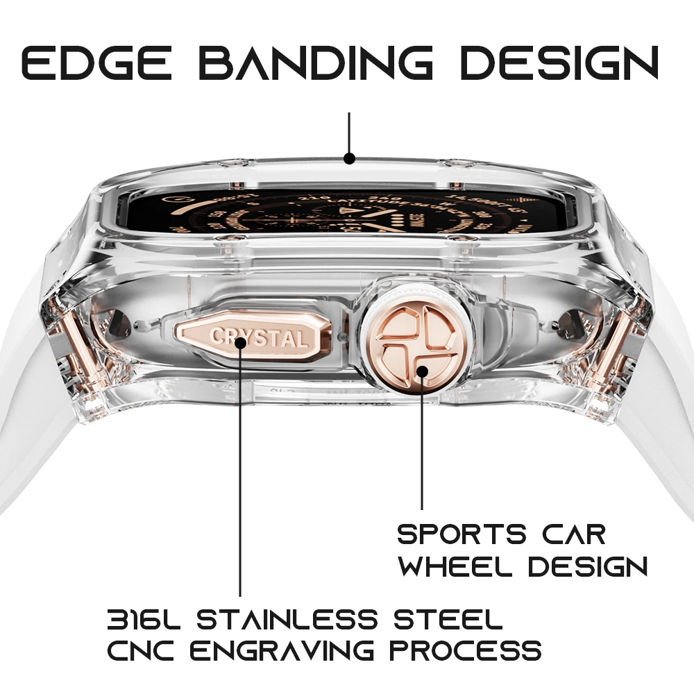 Modification Kit for Apple Watch Ultra 2/1 49MM Transparent Case Fluororubber Strap for Iwatch 10 9 8 7 6 5 4 Se 45MM Crystal