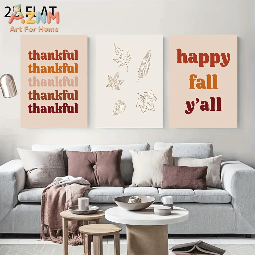 AZNM Fall Canvas Wall Art, Thankful Quote Line Art Maple Leaf Happy Fall Y'all Neutral Boho Autumn Frameless Print for Living Ro