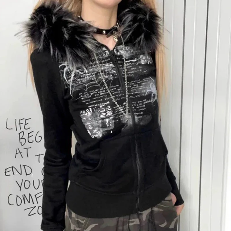 European and American Autumn and Winter Fur Collar Rhinestone Personality Vintage Zipper Coat Slimming Sweatshirt Y2k Style view 3