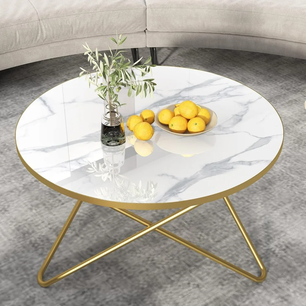 Round Coffee Table with Faux Marble Top,EASY To ASSEMBLY Sturdiness Coffee Table Small Spaces for Living Room