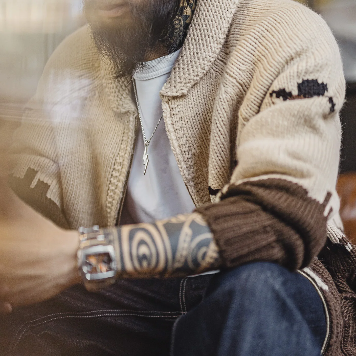 Men's Retro Embroidered Zip-Up Hunting Cardigan - Khaki