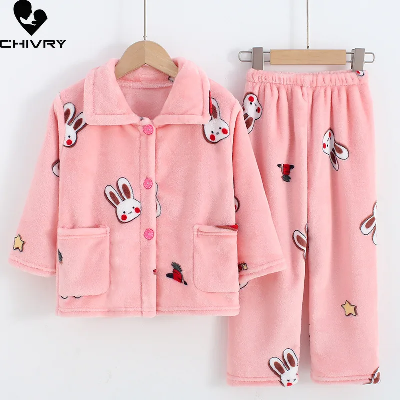 Boys Girls Autumn Winter Flannel Pajama Sets Kids Fashion Cartoon Long Sleeve Lapel Tops with Pants Baby Sleeping Clothing Sets