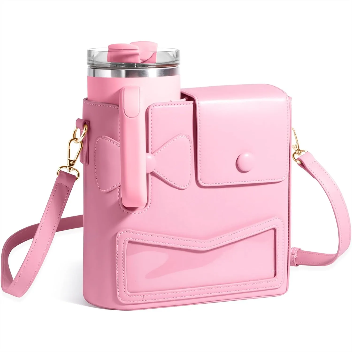Crossbody Bag for Stanley Cup 40/30 oz, Water Bottle Holder with Adjustable Shoulder Strap, Premium Leather Purse for Outdoor