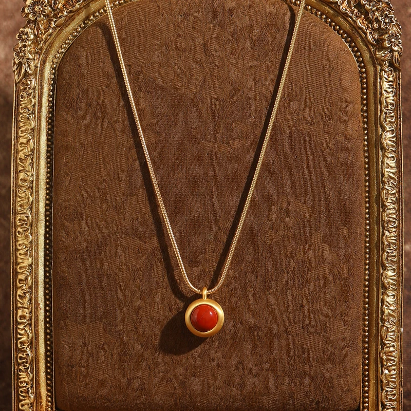 

Pendant Gold Color Vintage Red Necklace Round Natural Stone Hanging Wedding Jewelry For Bride 2026 New Women Art Deco Luxury