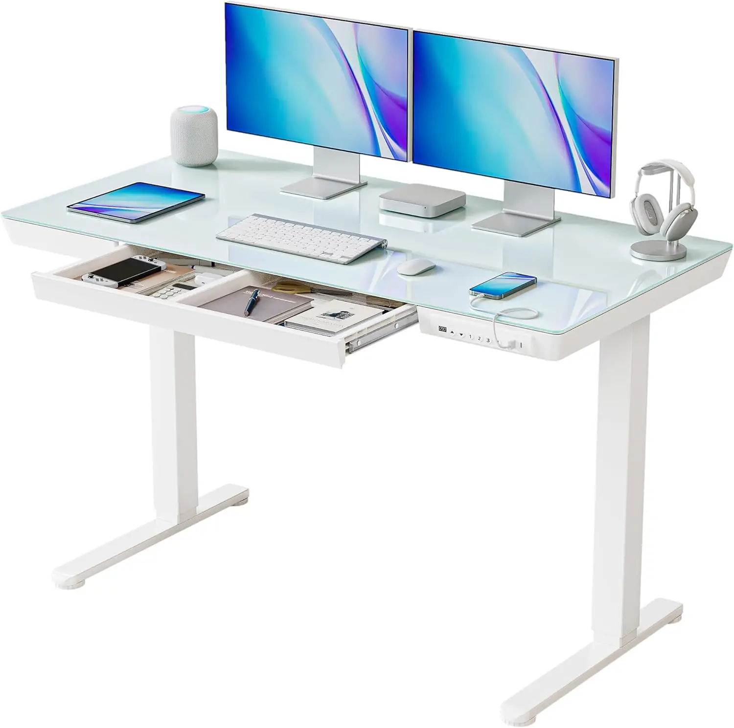 Desk with Drawers, 48 inch Whole-Piece Glass Desktop, Height Adjustable Stand up Sit Stand Home Office E