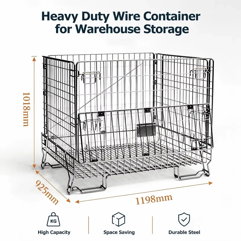 Heavy Duty Foldable Steel Wire Mesh Container Pallet Cage 800kg Load Capacity Stackable Storage Bin for Warehouse Logistics