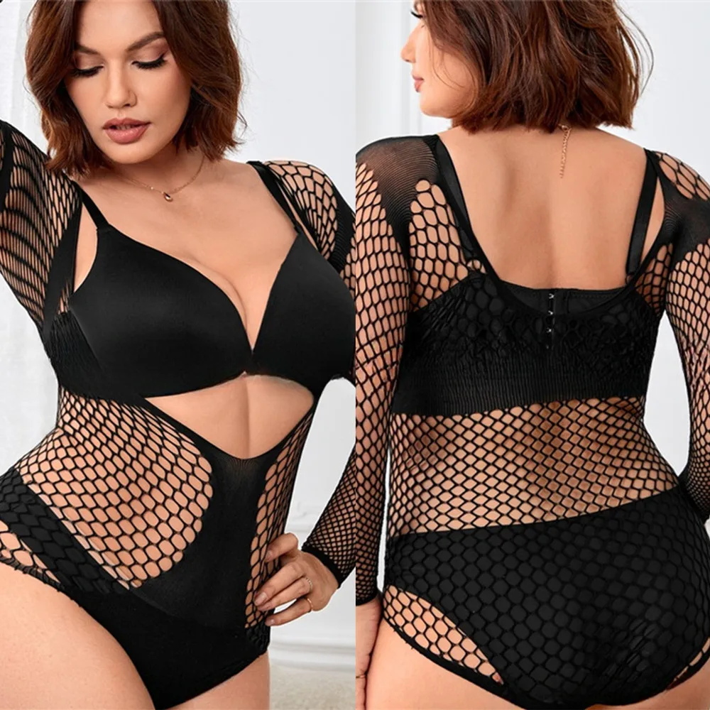 XXXL One-piece Bodysuit Women's Transparent Erotic Body Suit Fishnet Hollow Jumpsuit Sex Costume Fashion Female Body Pajama