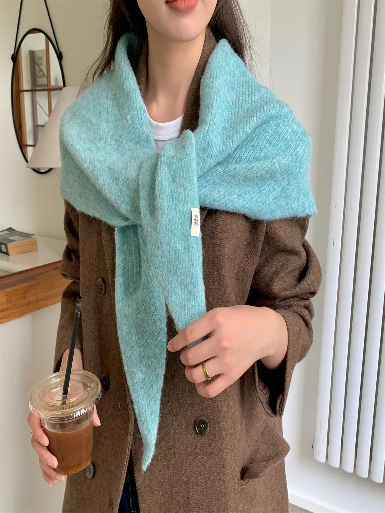 1Pcs Women's Elegant Wool Shawl Collar Scarf - Soft Winter Wrap, Turquoise Blue & Black, Windproof Warm Coat Accessory, Versatil