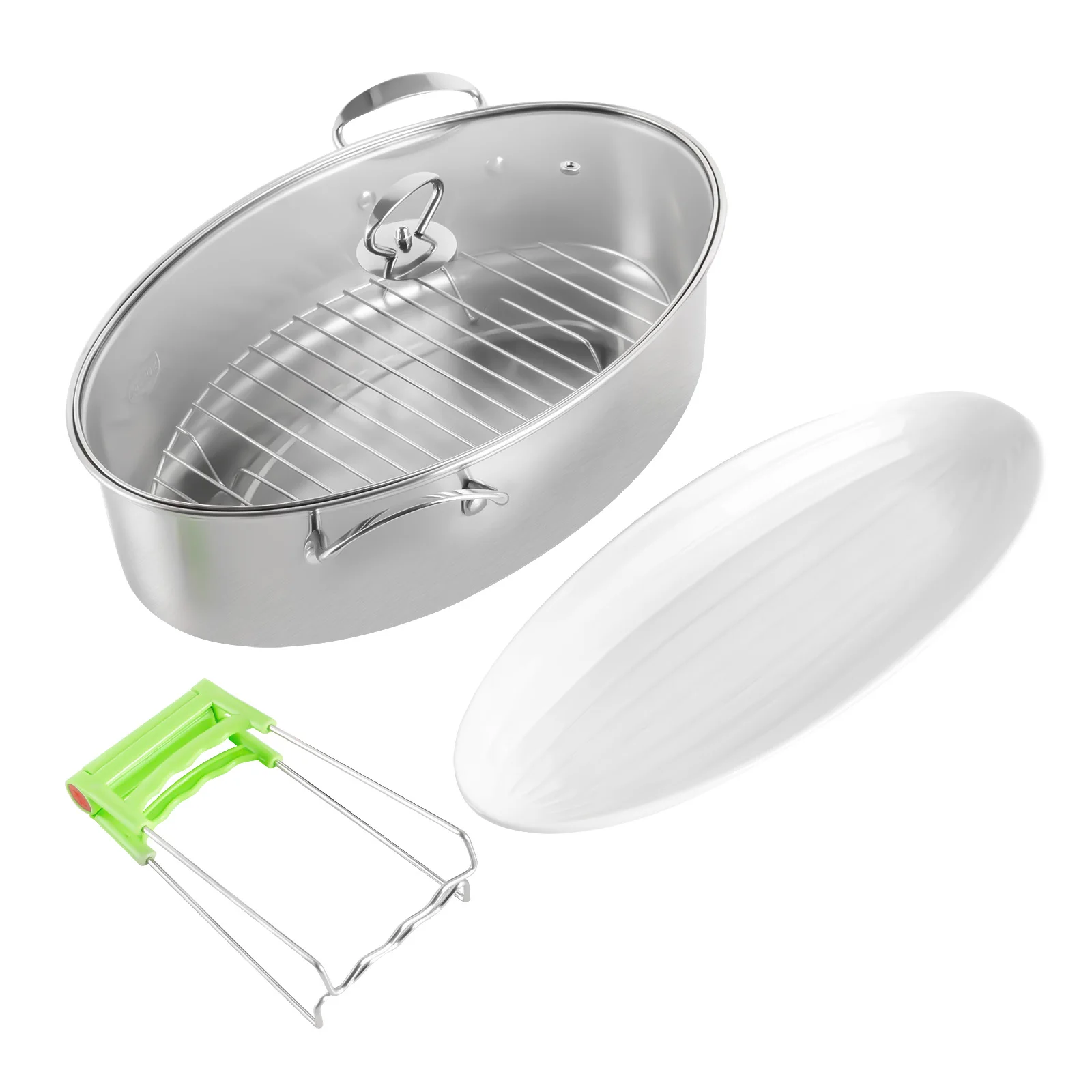 Stainless Steel Fish Steamer - Multi-Use Oval Cookware with Rack, Ceramic Pan, Chuck - Stockpot for Steaming Fish, Boiling Soup