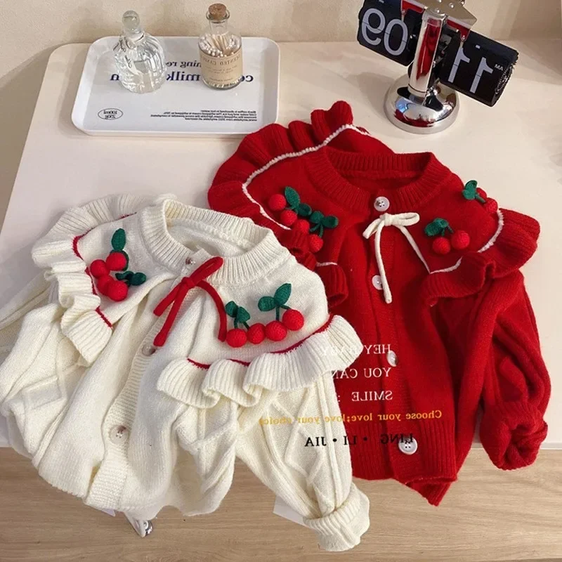 

Children Clothing Girl Sweater Pullover 2024 Autumn Winter New Westernized Korean Version Knitted Cherry Knit Baby Fluffy Skirt