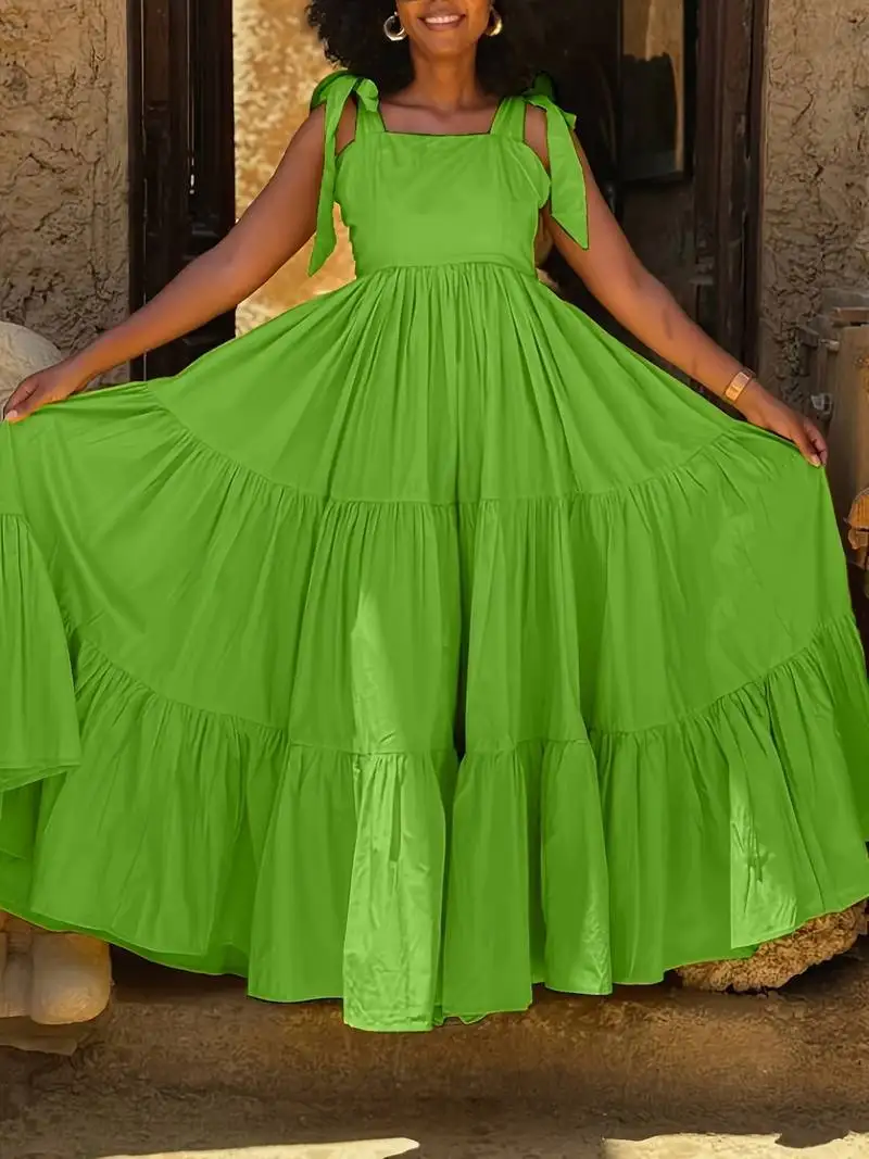 فستان نسائي صيفي جديد بحمالة فساتين طويلة على شكل حرف A برباط عالي الخصر ملابس خروج أنيقة بدون أكمام فستان ماكسي بفيونكة للحفلات