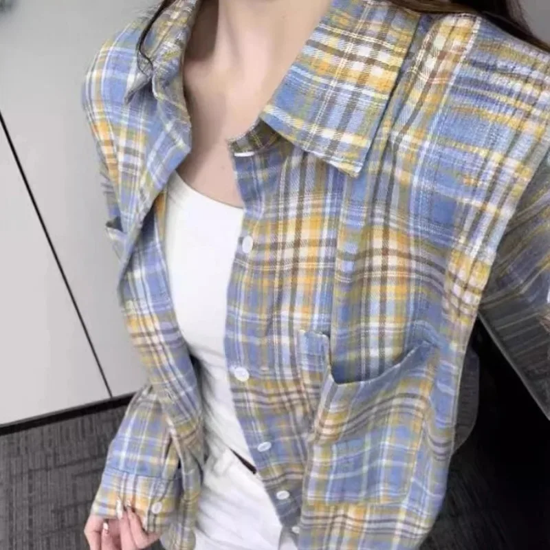 

Long Sleeve Shirts for Women Plaid Turn-down Collar Spring Autumn Korean Style Students Ins All-match Loose Chic Harajuku Retro