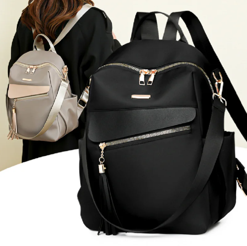 

2026 Korean Women's Large Capacity Zipper Shoulder Bags Fashion Tassels Waterproof Oxford Travel Backpacks Crossbody Bagpack
