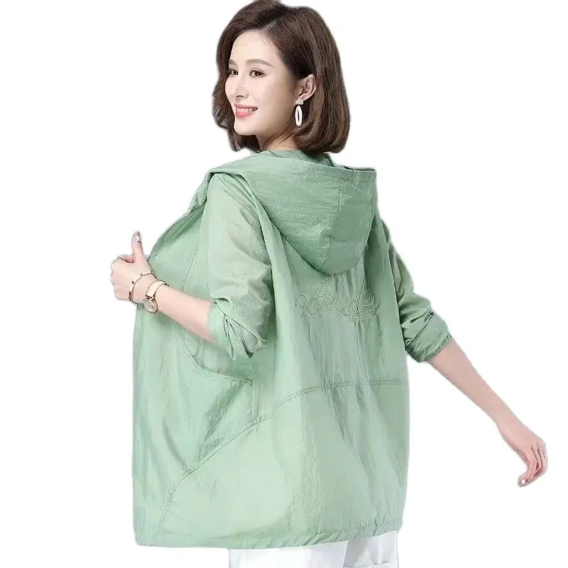 

UV-proof Loose Sunscreen Jacket Women's Summer Thin Coat Female Middle-Aged Mother Solid Color Hooded Sun-Protective Clothing
