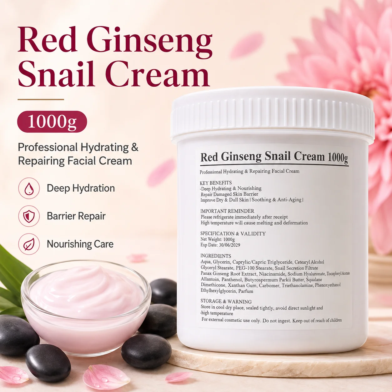 Red Ginseng Snail Mucin Face Cream Nourishing Moisturizing Repair Facial Cream Hydrating Smoothen Skin Fine Lines Skin Care