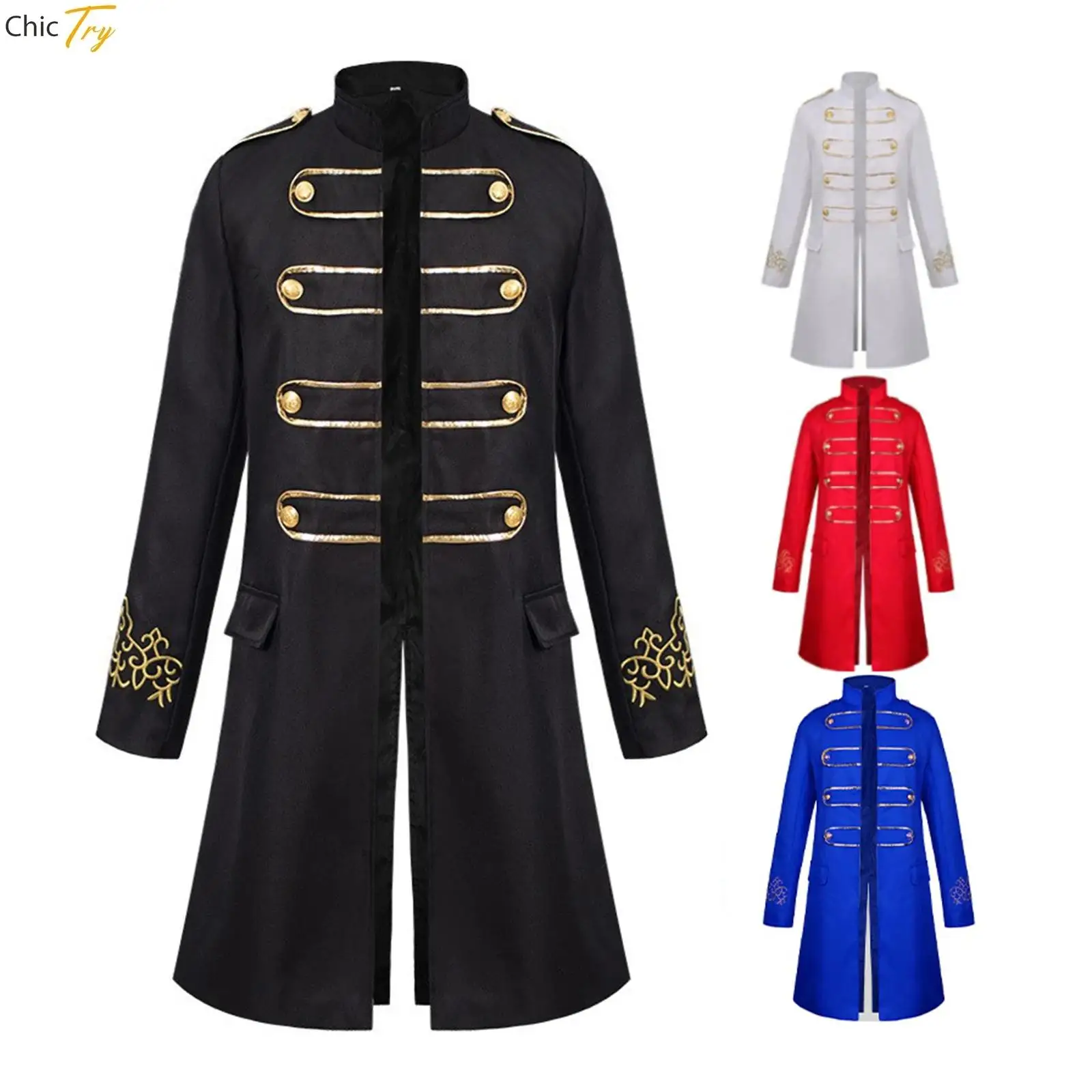 

Men Gothic Steampunk Tailcoat Victorian Frock Coat Embroidered Ringmaster Halloween Cosplay Medieval Vintage Long Sleeve Jackets